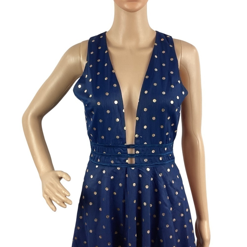 showpo. One Last Night Mini Dress Size 6 Navy Gold Polka Dot